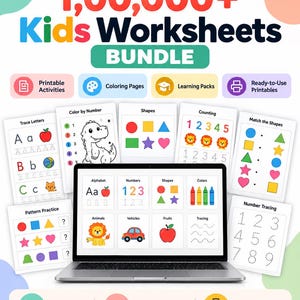 May include: A digital bundle of 1,000,000+ kids worksheets displayed on a laptop screen, surrounded by various printable activity sheets including tracing, coloring, shapes, and counting exercises, with text labels for printable activities and learning packs.