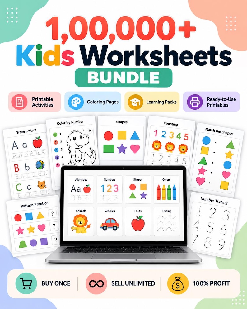 May include: A digital bundle of 1,000,000+ kids worksheets displayed on a laptop screen, surrounded by various printable activity sheets including tracing, coloring, shapes, and counting exercises, with text labels for printable activities and learning packs.