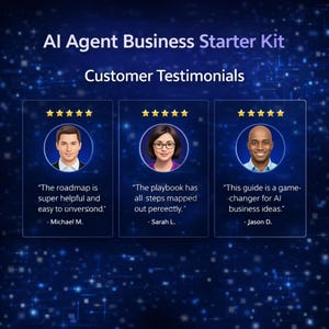 Op de afbeelding: Een digitale afbeelding met de titel AI Agent Business Starter Kit Customer Testimonials met drie vijfsterrenrecensies van Michael M., Sarah L. en Jason D. Elke recensie bevat een cirkelvormig portret en tekst op een donkerblauwe achtergrond.