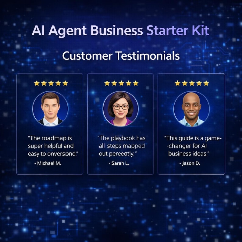 Op de afbeelding: Een digitale afbeelding met de titel AI Agent Business Starter Kit Customer Testimonials met drie vijfsterrenrecensies van Michael M., Sarah L. en Jason D. Elke recensie bevat een cirkelvormig portret en tekst op een donkerblauwe achtergrond.