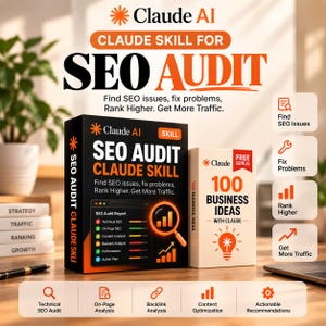 Op de afbeelding: Een zwarte en oranje doos met het label Claude AI SEO Audit Claude Skill met een rapportafbeelding, naast een witte doos met de titel 100 Business Ideas with Claude. De afbeelding bevat tekst over SEO-problemen, ranking en verkeer, plus iconen.