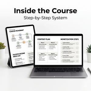 May include: A tablet and a laptop displaying digital course materials. The tablet shows a Course Roadmap and Passive Income Ideas list. The laptop screen displays a Content Plan and Monetization Steps with text headers Inside the Course Step-by-Step System.