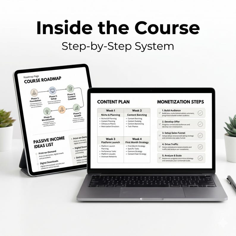 May include: A tablet and a laptop displaying digital course materials. The tablet shows a Course Roadmap and Passive Income Ideas list. The laptop screen displays a Content Plan and Monetization Steps with text headers Inside the Course Step-by-Step System.