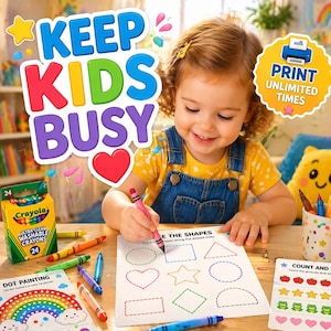 May include: A child in a yellow shirt and denim overalls uses a pink crayon to trace shapes on a worksheet. The scene includes a box of 24 Crayola crayons, loose crayons, and activity sheets with text reading KEEP KIDS BUSY and PRINT UNLIMITED TIMES.