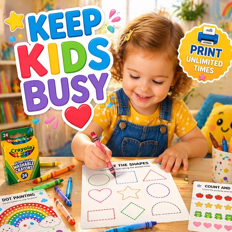 May include: A child in a yellow shirt and denim overalls uses a pink crayon to trace shapes on a worksheet. The scene includes a box of 24 Crayola crayons, loose crayons, and activity sheets with text reading KEEP KIDS BUSY and PRINT UNLIMITED TIMES.