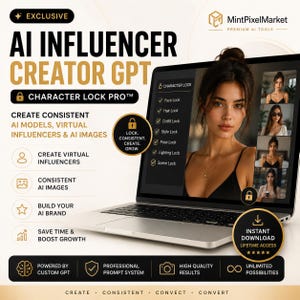 May include: A silver laptop displaying the AI Influencer Creator GPT interface with a Character Lock Pro menu. The screen shows a portrait of a woman and a list of lock features including face, hair, outfit, style, pose, lighting, and scene.