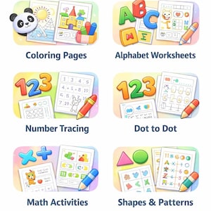 Peut inclure: Une illustration &eacute;ducative color&eacute;e avec le texte &laquo;&nbsp;What's Included&nbsp;?&nbsp;&raquo; pr&eacute;sente diverses feuilles de travail. Elles comprennent des pages &agrave; colorier, des feuilles de calcul de l'alphabet, du tra&ccedil;age de nombres, du point &agrave; point, des activit&eacute;s math&eacute;matiques, des formes et des motifs, et des labyrinthes et jeux.