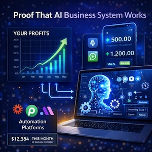 Op de afbeelding: Een digitale afbeelding met de titel Proof That AI Business System Works, met een stijgend staafdiagram genaamd Your Profits, een smartphone met betalingsmeldingen en een laptopscherm met een gloeiend blauw silhouet van een menselijk hoofd met tandwielen.