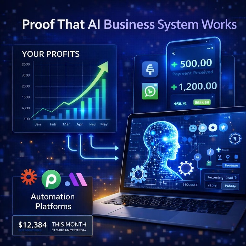 Op de afbeelding: Een digitale afbeelding met de titel Proof That AI Business System Works, met een stijgend staafdiagram genaamd Your Profits, een smartphone met betalingsmeldingen en een laptopscherm met een gloeiend blauw silhouet van een menselijk hoofd met tandwielen.