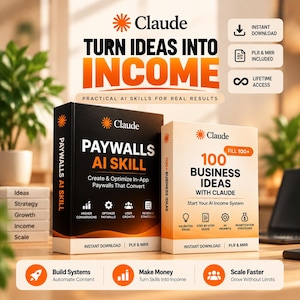 Op de afbeelding: Twee digitale productgidsen getiteld Claude Turn Ideas Into Income. Het zwarte boek is Paywalls AI Skill en het witte boek is 100 Business Ideas With Claude. Beide bevatten iconen voor directe download, PLR en MRR, met tekst over het bouwen van systemen, geld verdienen en sneller schalen.