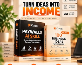 May include: Two digital product guides titled Claude Turn Ideas Into Income. The black book is Paywalls AI Skill, and the white book is 100 Business Ideas With Claude. Both feature icons for instant download, PLR, and MRR, with text about building systems, making money, and scaling faster.