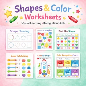 Peut inclure: Ensemble de feuilles de travail &eacute;ducatives pour enfants, intitul&eacute; "Shapes & Color Worksheets". Les feuilles de travail comprennent des activit&eacute;s de tra&ccedil;age de formes, d'association de couleurs et de reconnaissance des couleurs. Le design pr&eacute;sente diverses formes et couleurs.