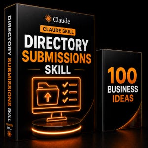 Puede incluir: Dos cajas rectangulares negras con texto y gráficos en naranja. La caja más grande presenta el texto CLAUDE SKILL DIRECTORY SUBMISSIONS SKILL y un icono de monitor de computadora. La caja más pequeña muestra 100 BUSINESS IDEAS en naranja.