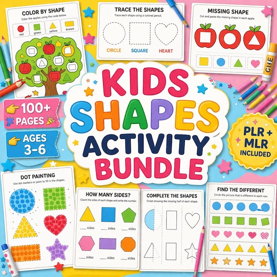 Kids Shapes Activity Book Bundle – Toddler Preschool Learning Worksheets, Printable PDF, Homeschool Activities, PLR Digital Download