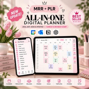 May include: A digital planner displayed on a smartphone and tablet, featuring the text MRR + PLR ALL-IN-ONE DIGITAL PLANNER 2026, 2027, 2028 & UPDATED | SUNDAY & MONDAY START. The screen shows a monthly calendar interface with various task icons.
