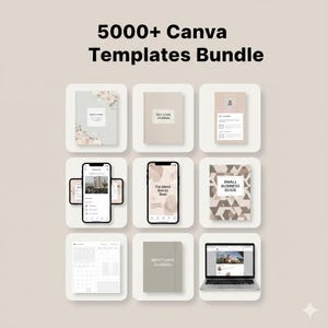 Könnte beinhalten: Das Bild zeigt ein Bundle von Canva-Vorlagen. Es enthält verschiedene digitale Produkte, darunter Journale, Telefon-Mockups und einen Laptop mit einer Website. Der Text "5000+ Canva Templates Bundle" ist oben zu sehen.