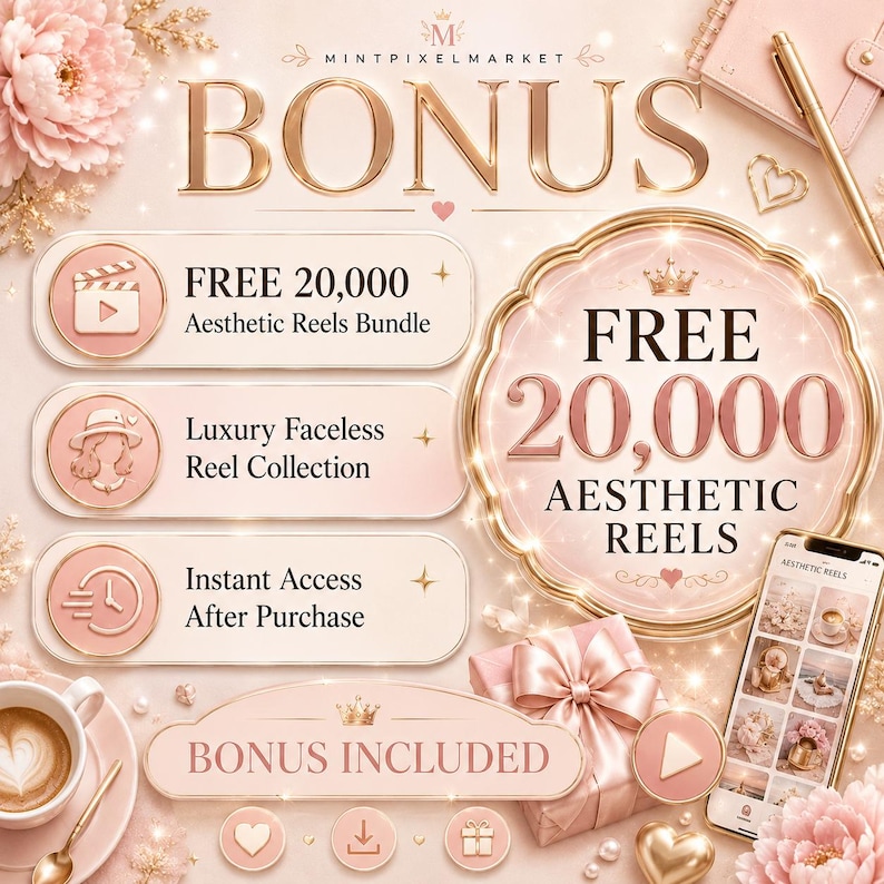 May include: A promotional graphic with a pink and gold color scheme. The word "BONUS" is prominently displayed. Text includes "FREE 20,000 Aesthetic Reels Bundle," "Luxury Faceless Reel Collection," and "Instant Access After Purchase."