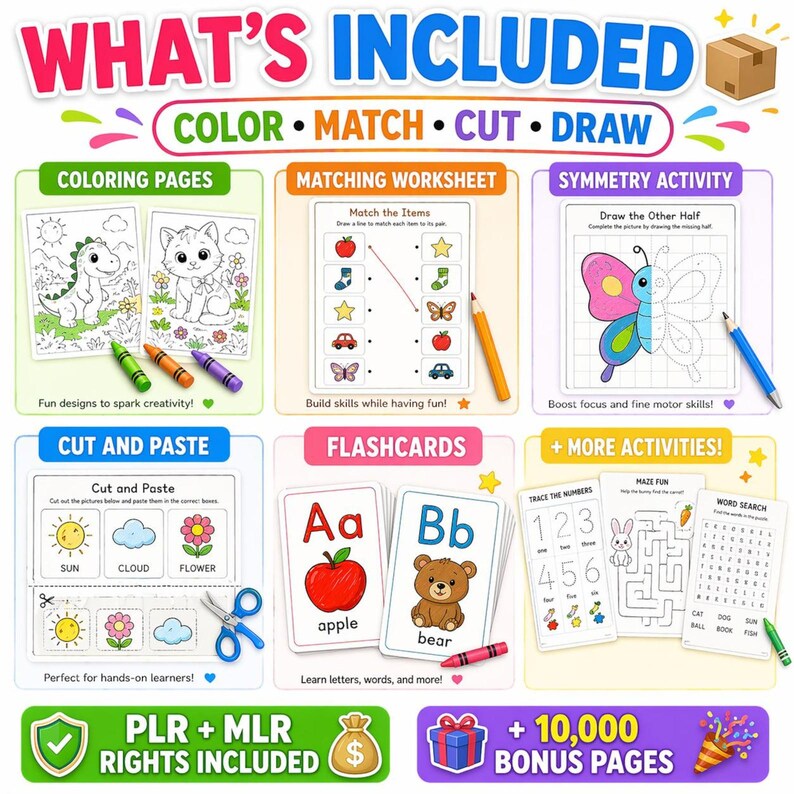 Peut inclure: Un ensemble d'activit&eacute;s &eacute;ducatives color&eacute;es pour enfants, comprenant des pages &agrave; colorier, des feuilles de correspondance, des activit&eacute;s de sym&eacute;trie, des cartes flash et plus encore. Comprend des images de dinosaure, chat, pomme, ours et chiffres. Le texte dit "WHAT'S INCLUDED".