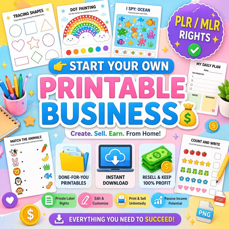 May include: A digital marketing graphic for a printable business featuring the text START YOUR OWN PRINTABLE BUSINESS, PLR / MLR RIGHTS, and various educational worksheets like tracing shapes, dot painting, I spy, and counting activities.