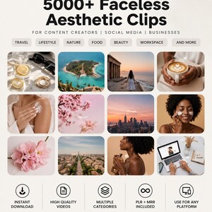 May include: A digital collection titled 5000+ Faceless Aesthetic Clips for content creators, featuring a grid of twelve diverse lifestyle images including travel, nature, food, and beauty scenes, with icons for instant download and usage rights.