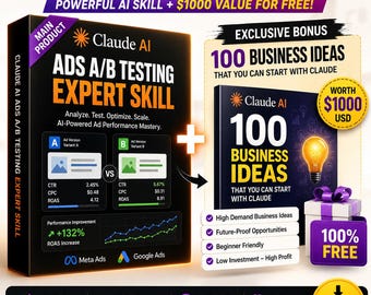 Könnte beinhalten: Ein digitales Produktpaket mit Claude AI Ads A/B Testing Expert Skill und einem Bonus-Leitfaden für 100 Geschäftsideen. Die schwarze Box zeigt Werbeleistungskennzahlen, Diagramme sowie die Logos von Meta und Google Ads mit Geschenkbox.