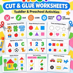 May include: A digital collection of 1100+ cut and glue worksheets for toddlers and preschoolers. The printable PDF features various educational activities including colour matching, shape tracing, alphabet, number, and pattern completion exercises.
