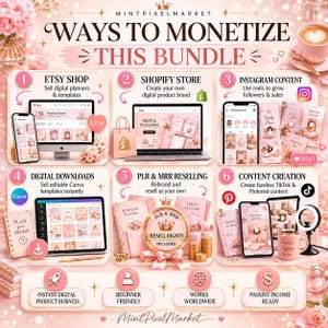 May include: A pink and white graphic promoting digital product business ideas. The image includes text that says "WAYS TO MONETIZE THIS BUNDLE" and showcases Etsy, Shopify, Instagram, Canva, PLR & MRR Reselling, and Content Creation.