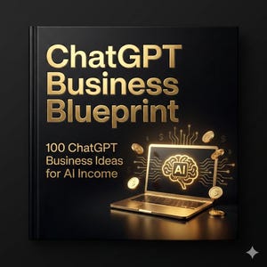 May include: A black book titled "ChatGPT Business Blueprint" with gold lettering. The book cover features a gold laptop displaying an AI brain graphic, surrounded by gold coins. The subtitle reads "100 ChatGPT Business Ideas for AI Income."