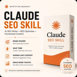 May include: A white and orange product box labelled Claude SEO Skill, featuring text describing an AI SEO writer and optimiser. The box displays the phrase Complete SEO Solution Built Inside Claude, with a circular badge stating AI Powered SEO Solution.