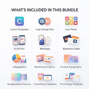 May include: A graphic showcasing a bundle of digital design resources. The image includes icons for Canva templates, logo design kits, icon packs, UI/UX kits, mockups, business cards, infographics, marketing graphics, fonts, backgrounds, presentation templates, and print design templates.