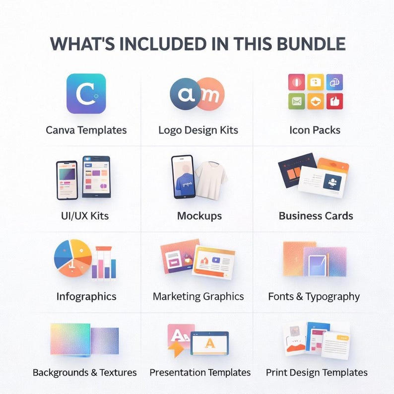 May include: A graphic showcasing a bundle of digital design resources. The image includes icons for Canva templates, logo design kits, icon packs, UI/UX kits, mockups, business cards, infographics, marketing graphics, fonts, backgrounds, presentation templates, and print design templates.