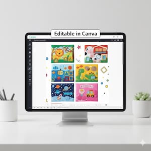 May include: A digital display shows a colorful children's soft book with various themed pages. The pages feature illustrations of a lion, cow, fish, dinosaur, space scene, and a princess with a car. The text "Editable in Canva" is at the top.