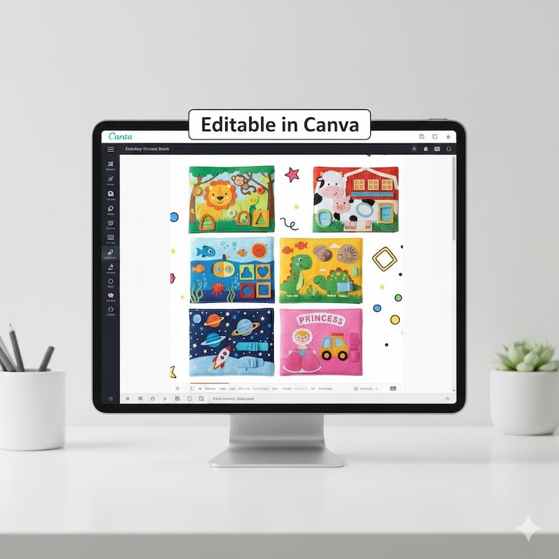 May include: A digital display shows a colorful children's soft book with various themed pages. The pages feature illustrations of a lion, cow, fish, dinosaur, space scene, and a princess with a car. The text "Editable in Canva" is at the top.