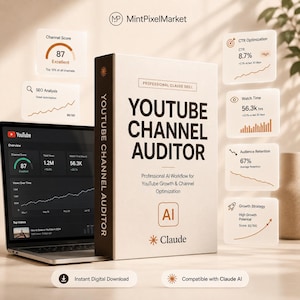 May include: A white book titled YouTube Channel Auditor with AI branding next to a laptop displaying YouTube analytics. Floating digital cards show metrics like Channel Score 87, CTR 8.7%, Watch Time 56.3k hrs, and Audience Retention 67%.