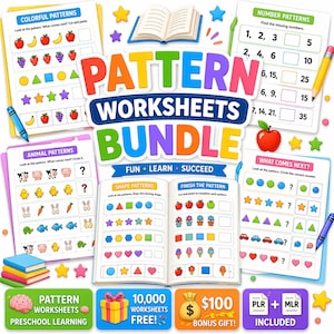 Paquete de hojas de trabajo de patrones para niños, hoja de trabajo de patrones numéricos, actividades de patrones para preescolar, hojas de trabajo de secuencias, matemáticas para el aprendizaje temprano