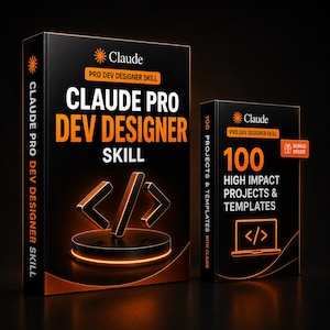 Könnte beinhalten: Zwei schwarze rechteckige Bücher mit orangefarbenem Text und Grafiken. Das größere Buch trägt den Titel Claude Pro Dev Designer Skill mit einem Code-Klammer-Symbol. Das kleinere Buch enthält 100 High Impact Projects & Templates mit einem Laptop-Symbol.