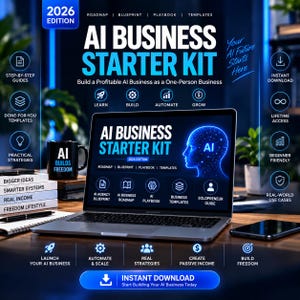 Op de afbeelding: Een digitale productweergave met de AI Business Starter Kit 2026 Edition op een laptopscherm. De afbeelding bevat tekst zoals Roadmap, Blueprint, Playbook, Templates en Build a Profitable AI Business as a One-Person Business. Een zwarte mok met de tekst AI Builds Freedom staat ernaast.