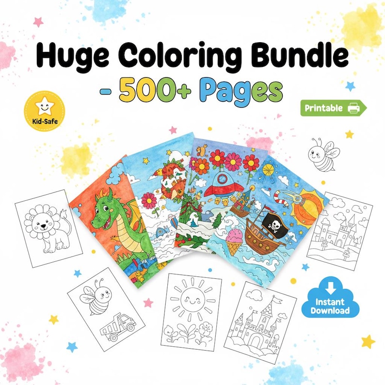 May include: A digital coloring bundle featuring the text Huge Coloring Bundle - 500+ Pages, Printable, and Instant Download. The image displays four colorful illustrations of a dragon, a rocket, a ship, and various black and white line art pages.