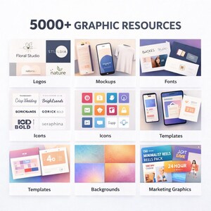 May include: A promotional graphic showcasing various design resources, including logos, mockups, fonts, icons, templates, backgrounds, and marketing graphics. The image features the text "5000+ GRAPHIC RESOURCES".