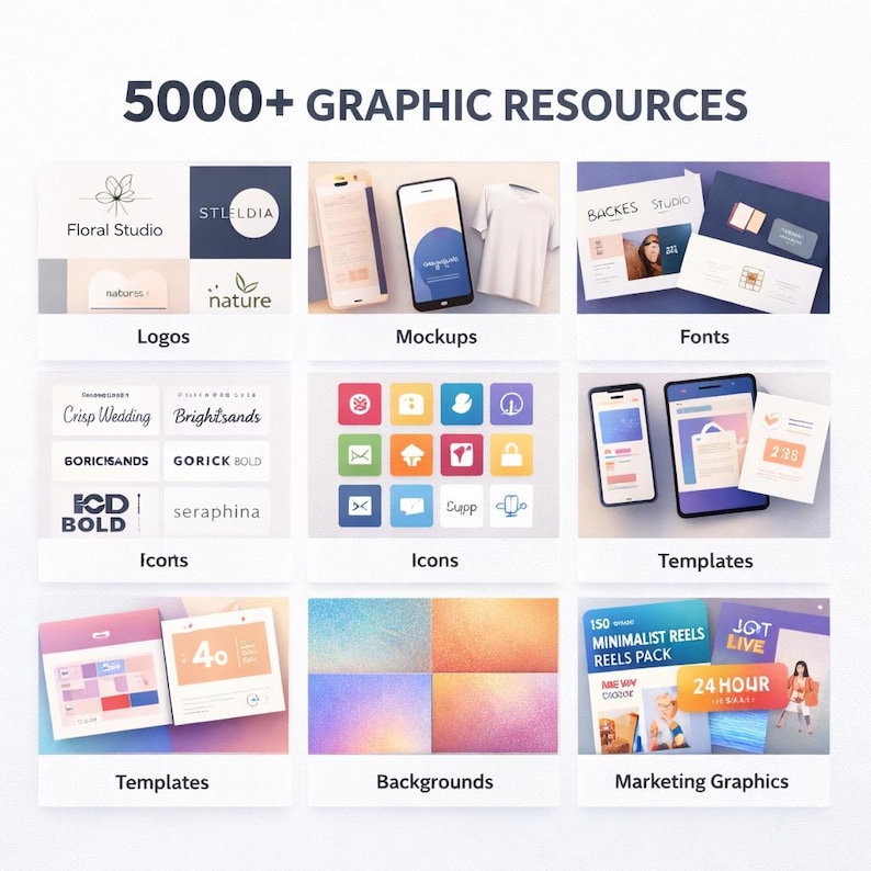 May include: A promotional graphic showcasing various design resources, including logos, mockups, fonts, icons, templates, backgrounds, and marketing graphics. The image features the text "5000+ GRAPHIC RESOURCES".