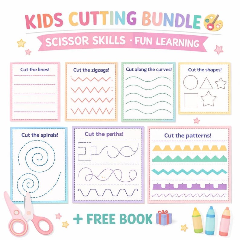 May include: A colorful kids' cutting bundle with the text "KIDS CUTTING BUNDLE" and "SCISSOR SKILLS &bull; FUN LEARNING". The bundle includes cutting practice sheets with lines, zigzags, curves, shapes, spirals, paths, and patterns. Includes scissors, crayons, and a gift.
