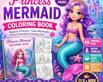 Princess Mermaid Coloring Book | Printable Coloring Pages for Kids | Fantasy Coloring Book | PLR & MRR | Instant  Download Digital Products