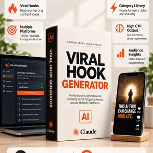May include: A white box labeled Viral Hook Generator with orange and black text, featuring an AI logo and Claude branding. Beside it, a laptop displays a MindRushMarket interface, and a smartphone on a wooden stand shows a social media post.