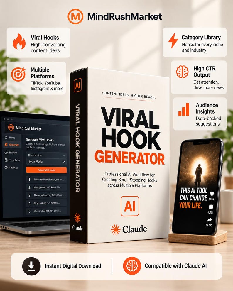 May include: A white box labeled Viral Hook Generator with orange and black text, featuring an AI logo and Claude branding. Beside it, a laptop displays a MindRushMarket interface, and a smartphone on a wooden stand shows a social media post.