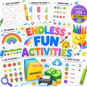 May include: A collection of educational activity worksheets featuring tracing, shape completion, dot painting, and counting exercises. Includes a yellow pencil holder with crayons, a printer, a folder labeled PRINTABLES, and a magnifying glass.