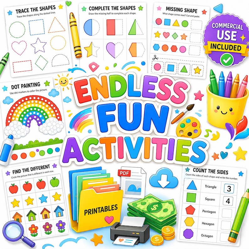 May include: A collection of educational activity worksheets featuring tracing, shape completion, dot painting, and counting exercises. Includes a yellow pencil holder with crayons, a printer, a folder labeled PRINTABLES, and a magnifying glass.