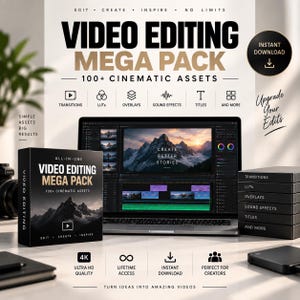 Video Editing Mega Pack 100+ Cinematic Assets | 4K Transitions, LUTs, Overlays, Sound Effects & Titles | Premiere Pro | Digital Download