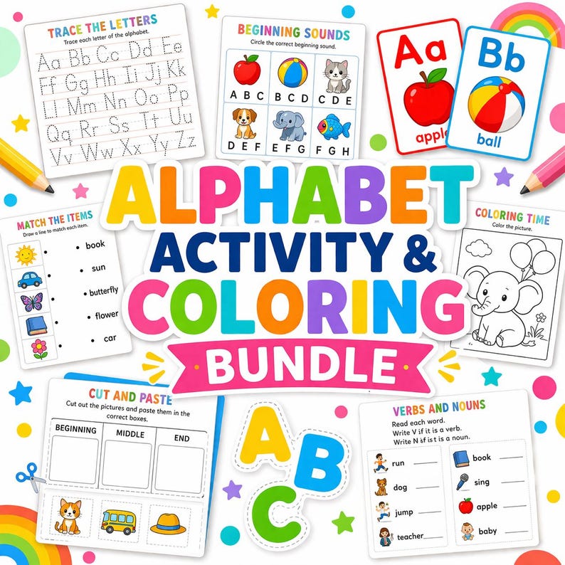 alphabet worksheets, kids activity book, preschool learning, abc tracing pages, printable workbook, toddler worksheets, alphabet flashcards, learn abc printable, kids learning bundle, tracing letters pdf, homeschool printable, plr printable kids, mlr kids bundle