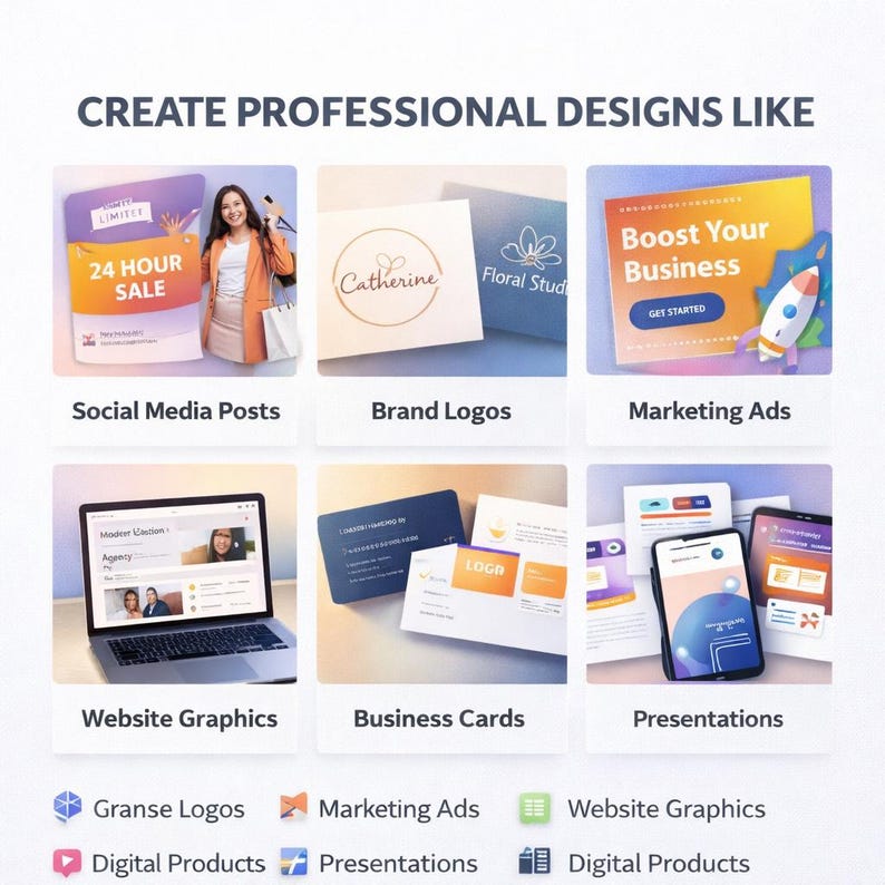 May include: A promotional graphic showcasing various design services. The image features examples of social media posts, brand logos, marketing ads, website graphics, business cards, and presentations. Text includes "Create Professional Designs Like" and service names.