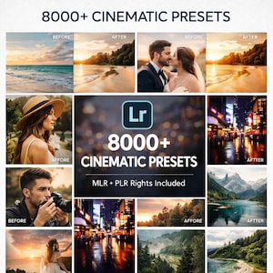 Puede incluir: Una imagen promocional que muestra ajustes preestablecidos de edición de fotos. La imagen presenta una cuadrícula de fotos de antes y después, que demuestran los efectos de los ajustes preestablecidos. El texto incluye "8000+ CINEMATIC PRESETS" y "MLR + PLR Rights Included."